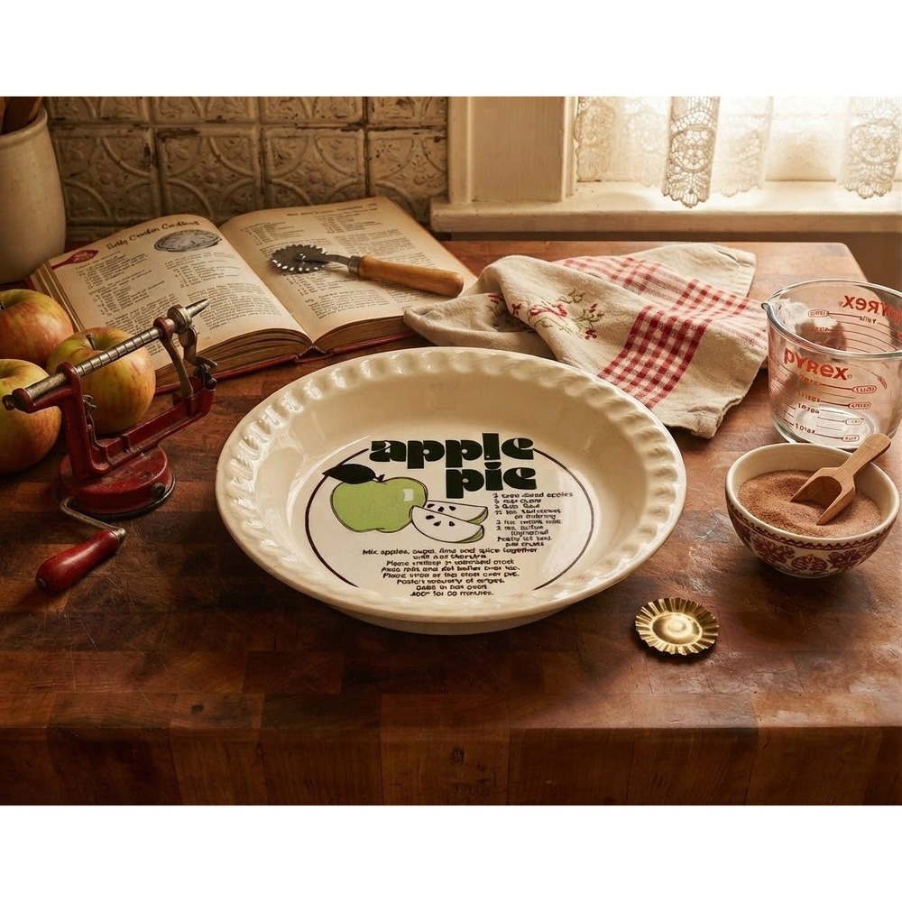 Vintage Ceramic Apple Pie Dish with Recipe Scalloped Rim 12 Inch Farmhouse Decor